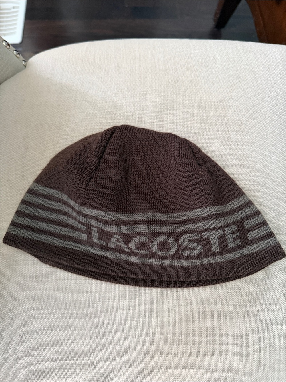 Lacoste Brown Beanie with Gray Stripe Logo - Reversible